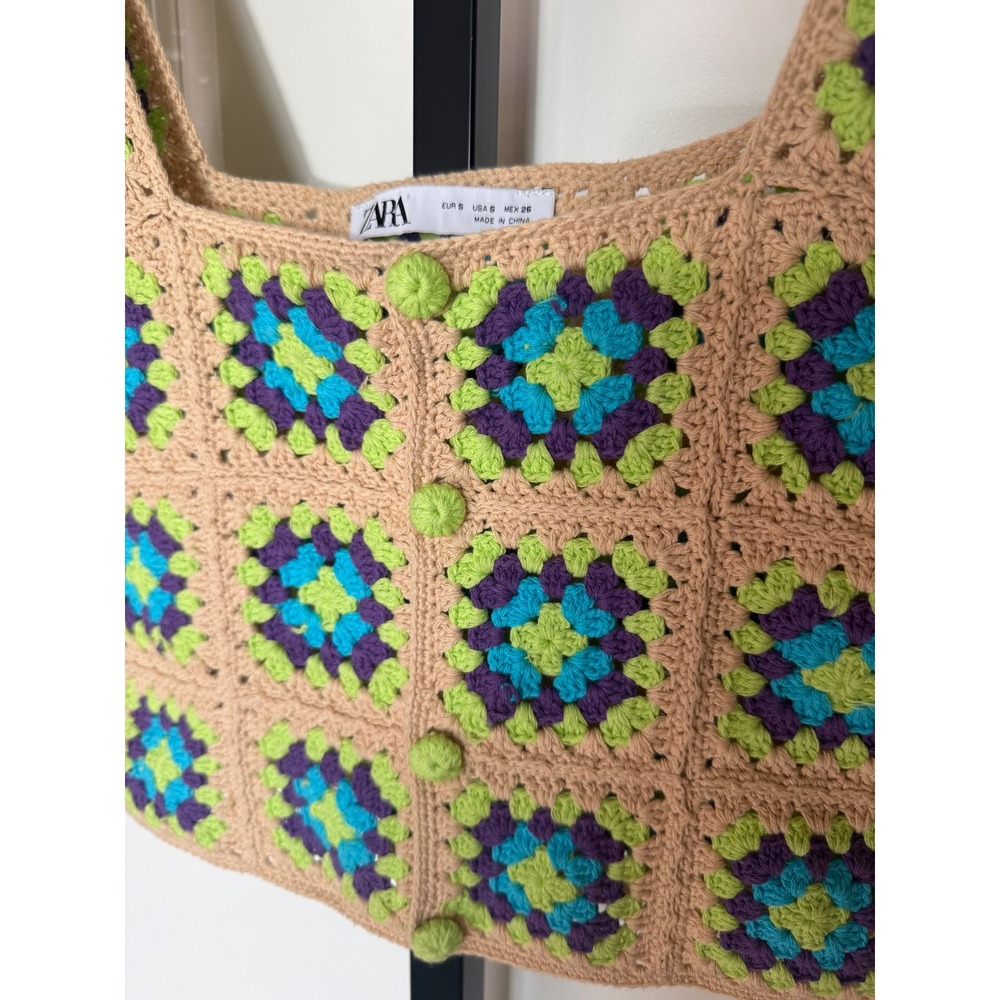 Zara Women Crochet Granny Square Button Front Crop Top Tan‎ Purple Teal Small - Picture 3 of 8